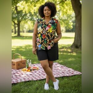 Baroque Gold Black vibrant flower sleeveless top.